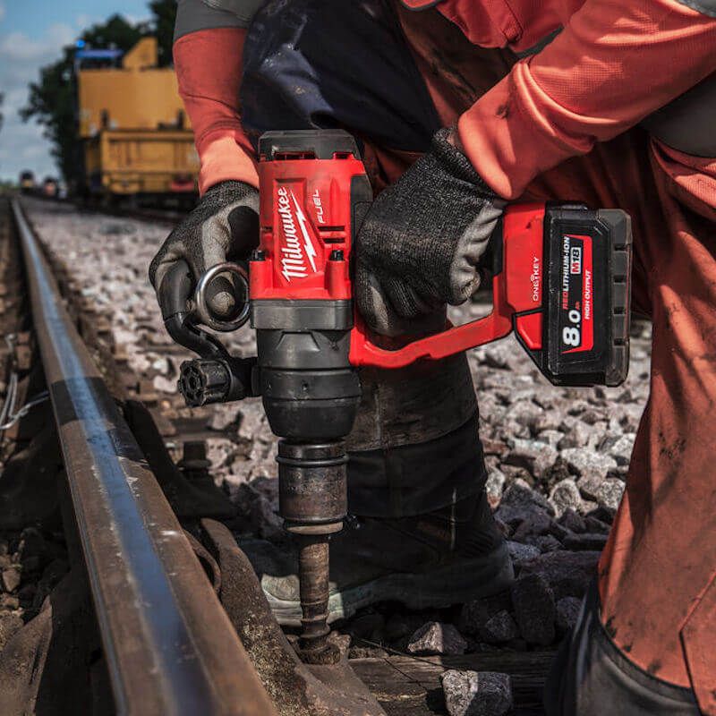 Close-up of the MILWAUKEE® M18™ 8.0Ah HIGH OUTPUT™ Battery powering a tool in use, demonstrating its ability to deliver extended runtime and enhanced performance during demanding jobsite applications. Close-up of the MILWAUKEE® M18™ 8.0Ah HIGH OUTPUT™ Battery powering a tool in use, demonstrating its ability to deliver extended runtime and enhanced performance during demanding jobsite applications.